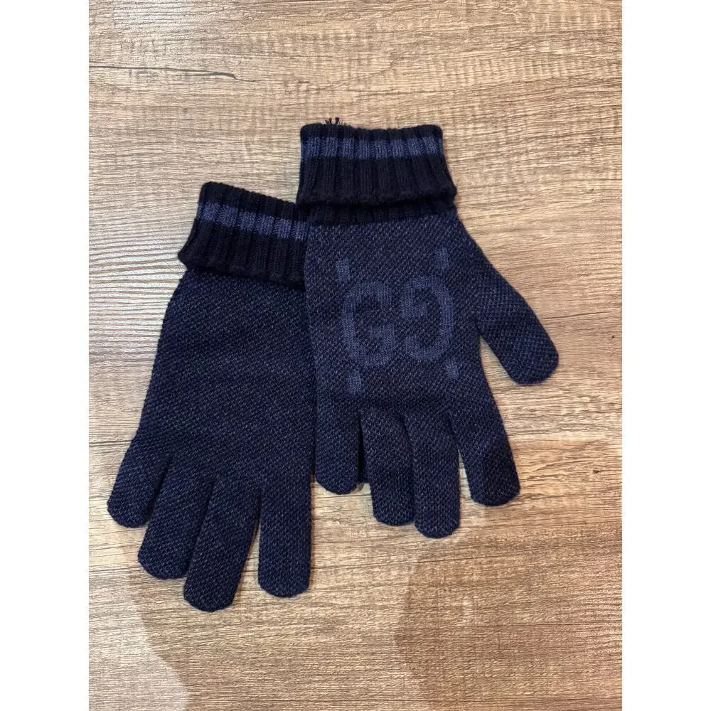 GUCCI Blue Logo-Jacquard Cashmere Gloves NWT size large
